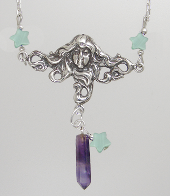 Sterling Silver Woman Maiden of the Morning Star Necklace With Amethyst And Green MOP Stars